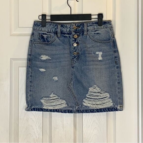 Kancan Light Wash Distressed High Rise Denim Skirt Size Small - Picture 1 of 9